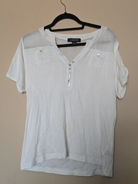 Women's White Henley Button Front Short Sleeve Top